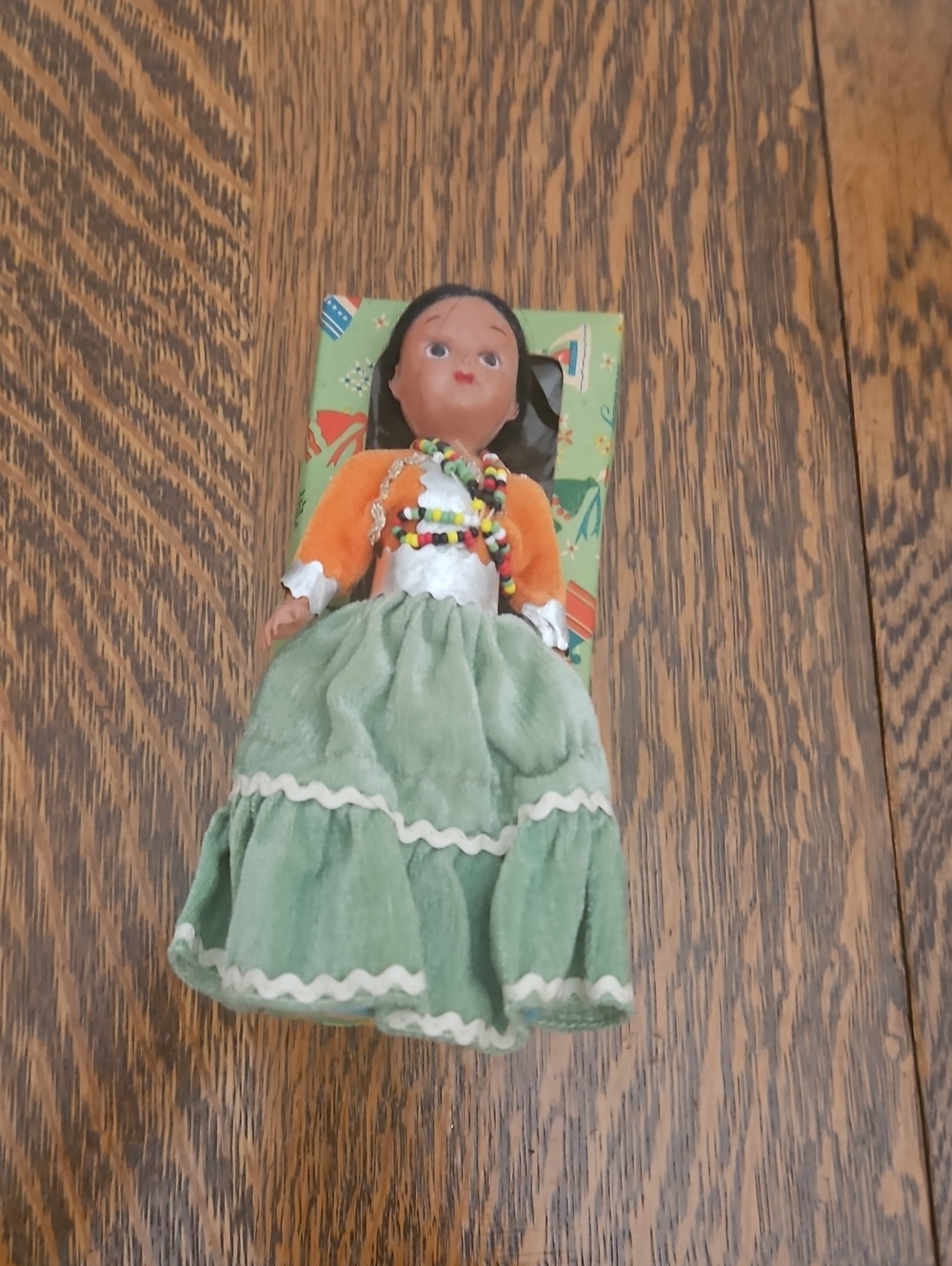 Vintage-Inspired Green Skirt Doll with Orange Bodice - Unbranded